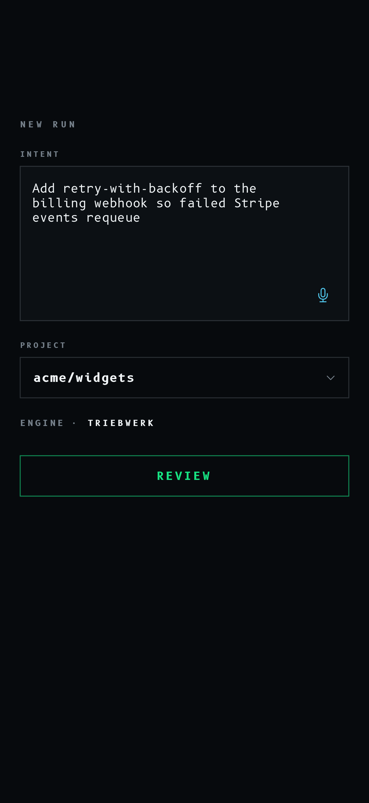 Treft’s native new-run screen: an editable instruction, project selection and a Review button.