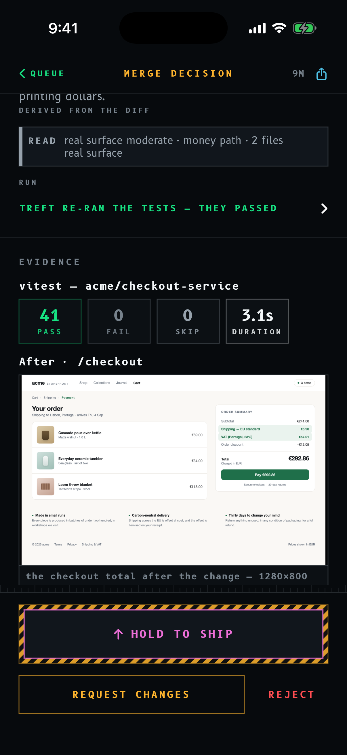 Treft’s native evidence screen showing independent test results, a screenshot of the changed app and the deliberate Hold to Ship control.